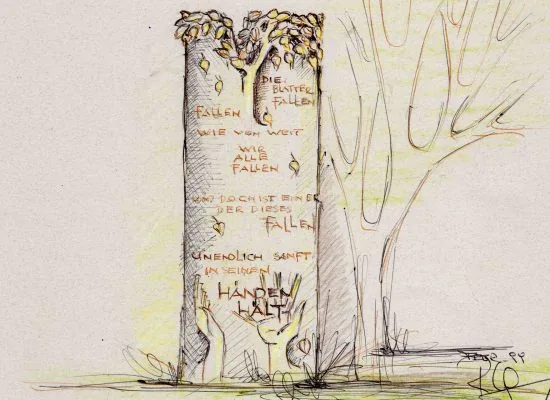 Farbige Handskizze eines Grabmals: Stele mit Baumkrone, fallenden Blättern und eingehauenem Gedicht