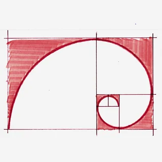 Handzeichnung: Proportionsschema mit Spirale des Goldenen Schnitts